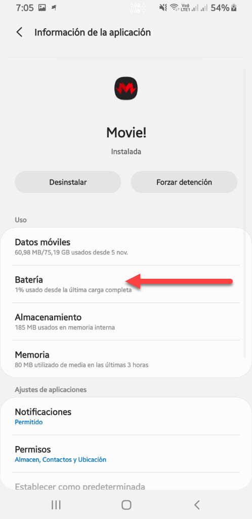 Menú de batería en Android